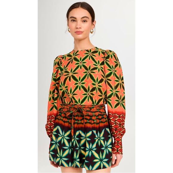 NWT Ulla Johnson Lilliana Crepe Blouse Fresco Orange Green Geometric Print Top 2 - Picture 1 of 8